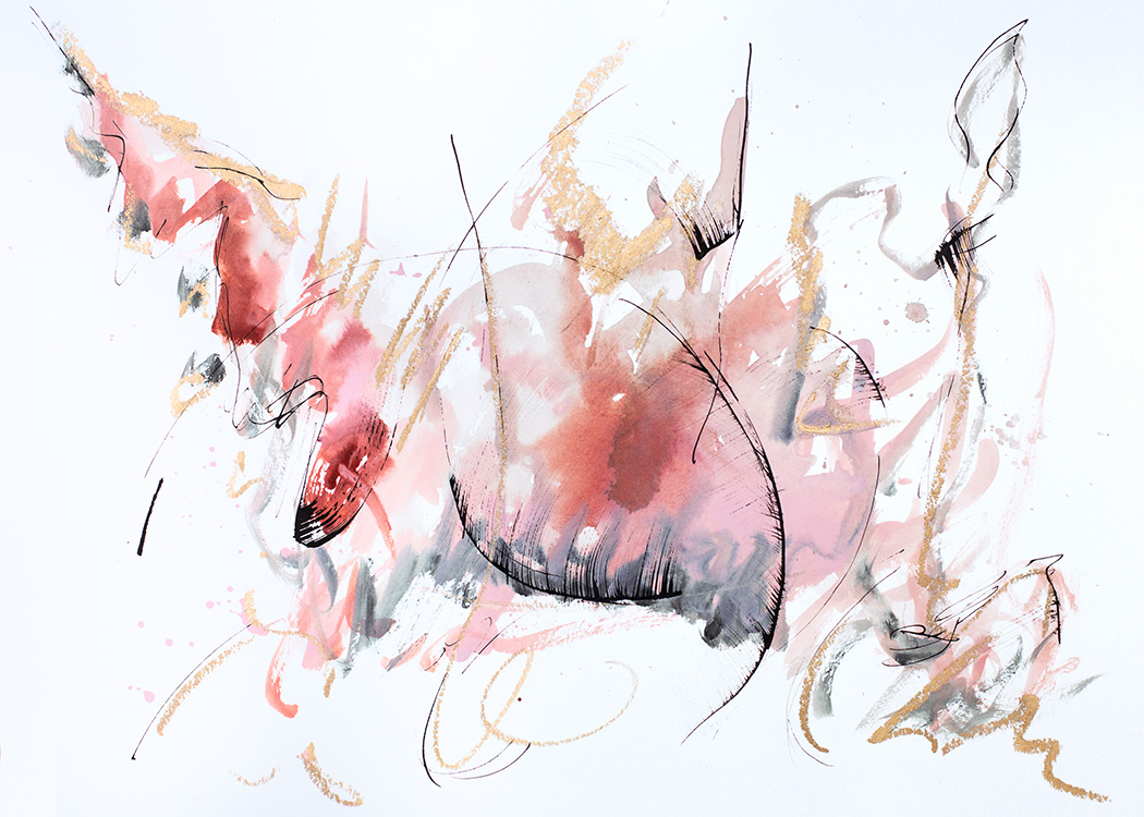  peachy rhythms iv, ein abstraktes originales Gemälde der Künstlerin Rose Reichart. Fließende Flächen in Pfirsichtöne werden durch salbeigrüne Akzente ergänzt. Dunkle Linien, sanft wie Federn, geben eine schwungvolle Dynamik als Kontrast zu den ruhenden Erdtönen. Roségoldene Pastellkreide gibt das besondere Etwas und einen metallisch edlen Abschluss. Eine spielerisch lebenslustige Komposition, die freudige Eleganz ausstrahlt.