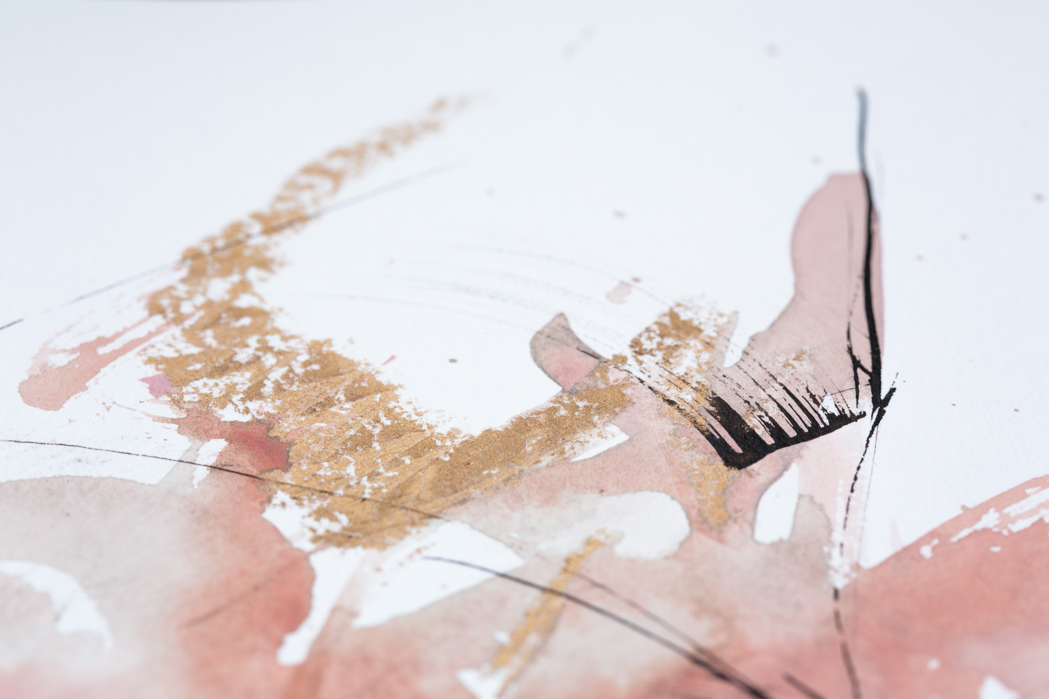 A detail shot of peachy rhythms iv, an original artwork by Rose Reichart. Feathery linework and fluid shapes of peach and blush watercolor dancing on the page. Soft neutrals are layered with a lush texture of rose gold pastel. Natural white bamboo paper allows give the expressions' movements space to breathe.