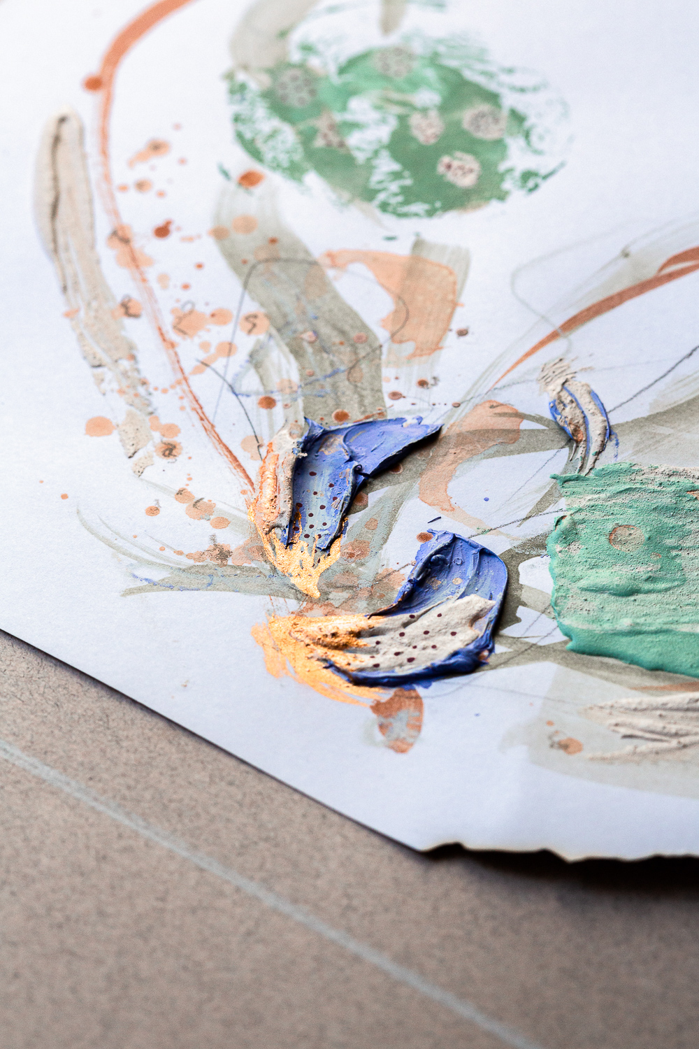 A detail shot of compassion i, an original abstract artwork by Rose Reichart. Shades of copper, mint, peach, sage, beige, gray and light purple ultramarine are present in the piece. The photo shows the structure of lush paint strokes, built with a palette knife. Rose Reichart is an intuitive painter and a multi-passionate creatrix.