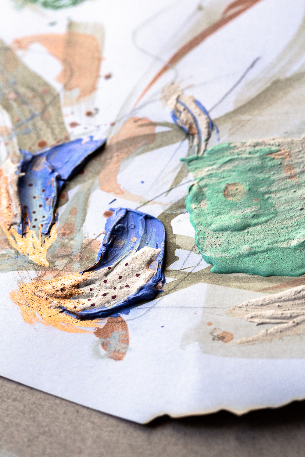 A detail shot of compassion i, an original abstract artwork by Rose Reichart. Shades of copper, mint, peach, sage, beige, gray and light purple ultramarine are present in the piece. The photo shows the structure of lush paint strokes, built with a palette knife. Rose Reichart is an intuitive painter and a multi-passionate creatrix.