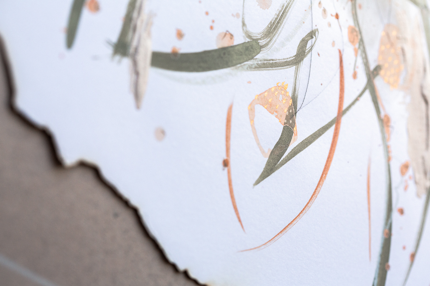 A detail shot of compassion iii, an original abstract artwork by Rose Reichart. Shades of copper, mint, peach, sage, beige, gray and light purple ultramarine are present in the piece. The photo shows the structure of lush paint strokes, built with a palette knife. Rose Reichart is an intuitive painter and a multi-passionate creatrix.