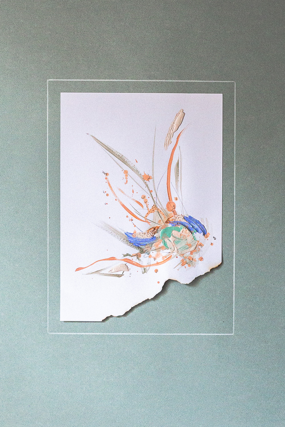 perseverance i is an original abstract artwork by Rose Reichart. She's an intuitive painter and a multi-passionate creatrix. Shades of mint, peach, sage, beige, gray and light purple ultramarine are present in the piece. It is mounted on a colored paper in a muted tone of neutral mint. It is framed with a white magnetic poster frame.