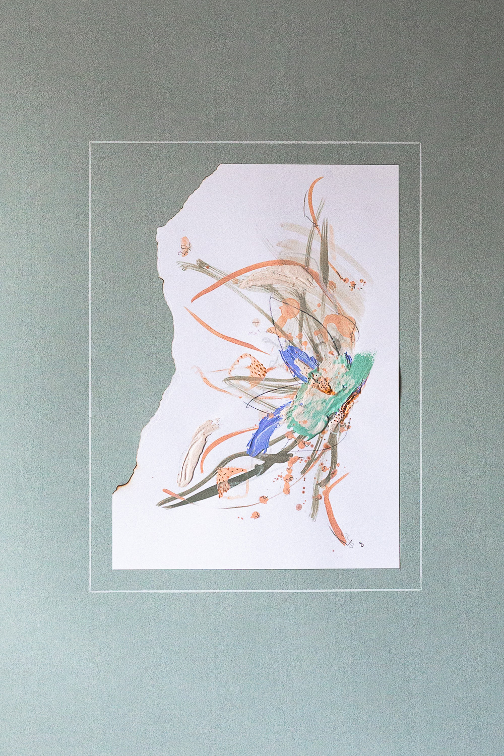 perseverance iii is an original abstract artwork by Rose Reichart. She's an intuitive painter and a multi-passionate creatrix. Shades of mint, peach, sage, beige, gray and light purple ultramarine are present in the piece. It is mounted on a colored paper in a muted tone of neutral mint. It is framed with a white magnetic poster frame.