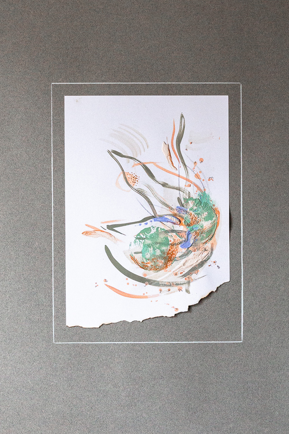 solidarity iii is an original abstract artwork by Rose Reichart. She's an intuitive painter and a multi-passionate creatrix. Shades of mint, peach, sage, beige, gray and light purple ultramarine are present in the piece. It is mounted on a colored paper in a muted tone of neutral gray. It is framed with a white magnetic poster frame.