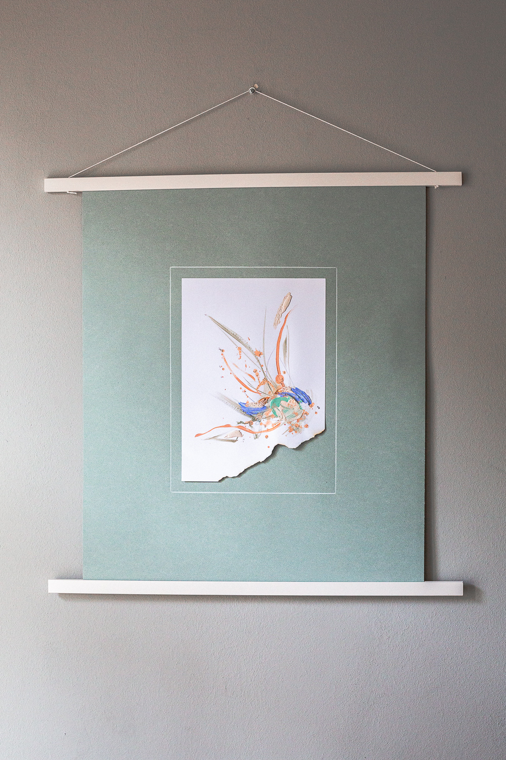 perseverance i is an original abstract artwork by Rose Reichart. She's an intuitive painter and a multi-passionate creatrix. Shades of mint, peach, sage, beige, gray and light purple ultramarine are present in the piece. It is mounted on a colored paper in a muted tone of neutral mint. It is framed with a white magnetic poster frame.