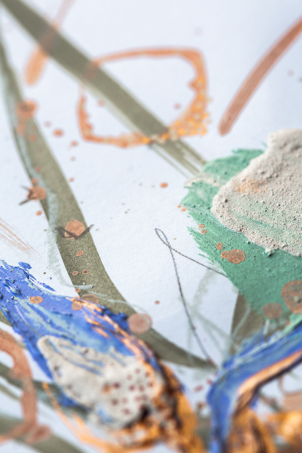 A detail shot of perseverance ii, an original abstract artwork by Rose Reichart. Shades of copper, mint, peach, sage, beige, gray and light purple ultramarine are present in the piece. The photo shows the structure of lush paint strokes, built with a palette knife. Rose Reichart is an intuitive painter and a multi-passionate creatrix.