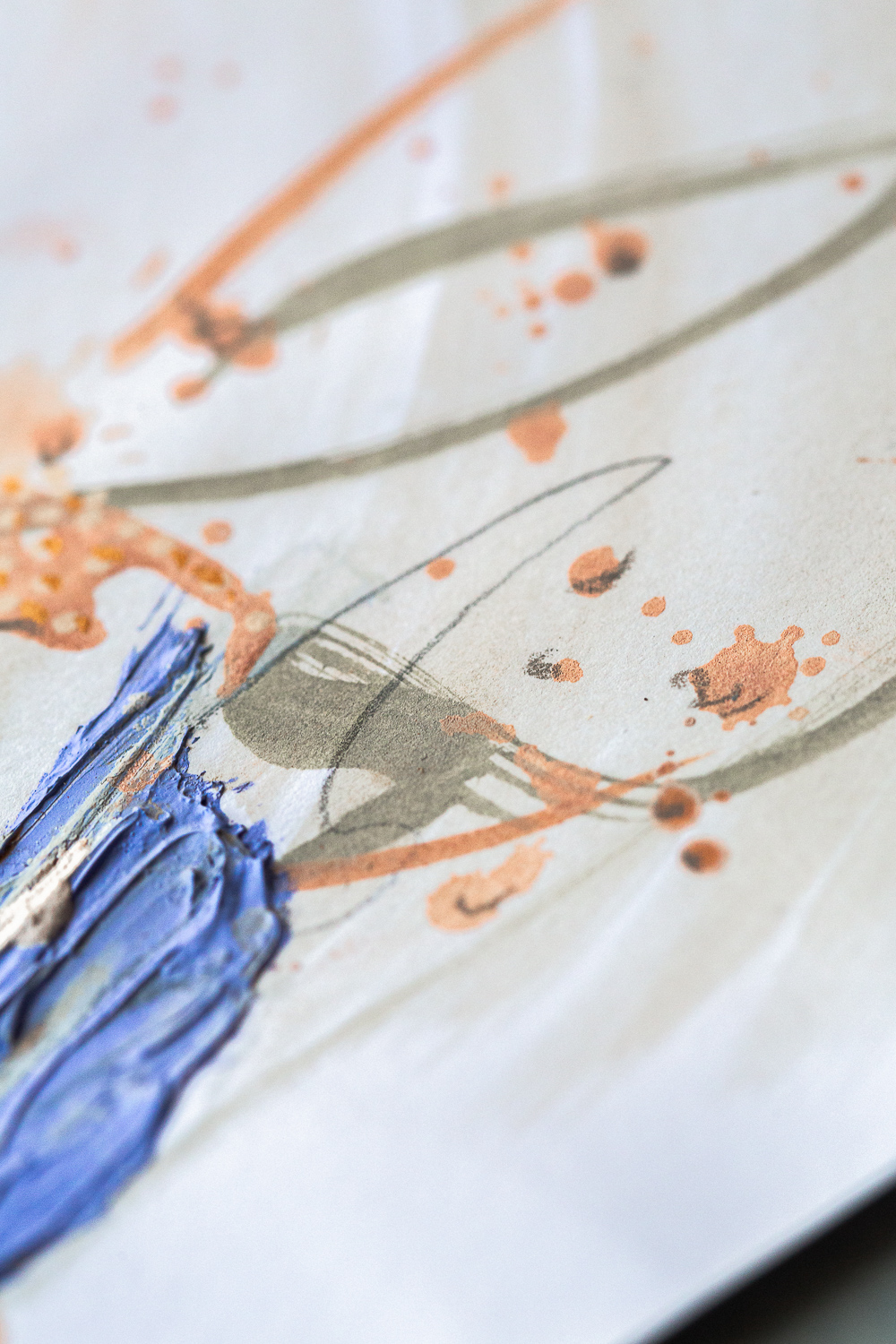 A detail shot of perseverance ii, an original abstract artwork by Rose Reichart. Shades of copper, mint, peach, sage, beige, gray and light purple ultramarine are present in the piece. The photo shows the structure of lush paint strokes, built with a palette knife. Rose Reichart is an intuitive painter and a multi-passionate creatrix.