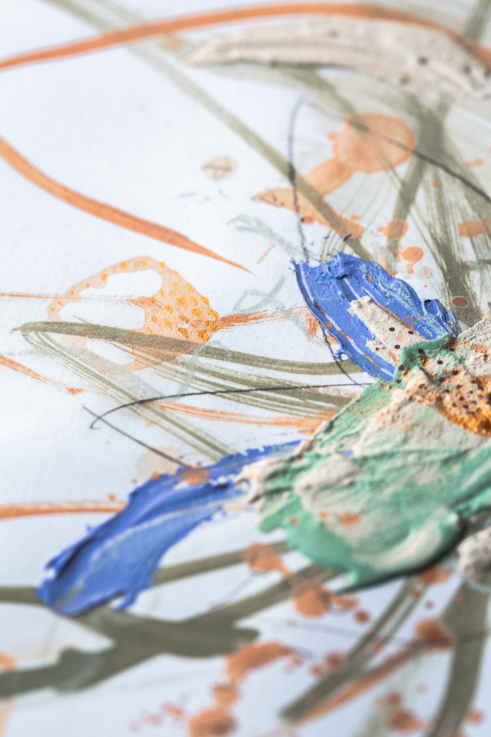 A detail shot of perseverance iii, an original abstract artwork by Rose Reichart. Shades of copper, mint, peach, sage, beige, gray and light purple ultramarine are present in the piece. The photo shows the structure of lush paint strokes, built with a palette knife. Rose Reichart is an intuitive painter and a multi-passionate creatrix.