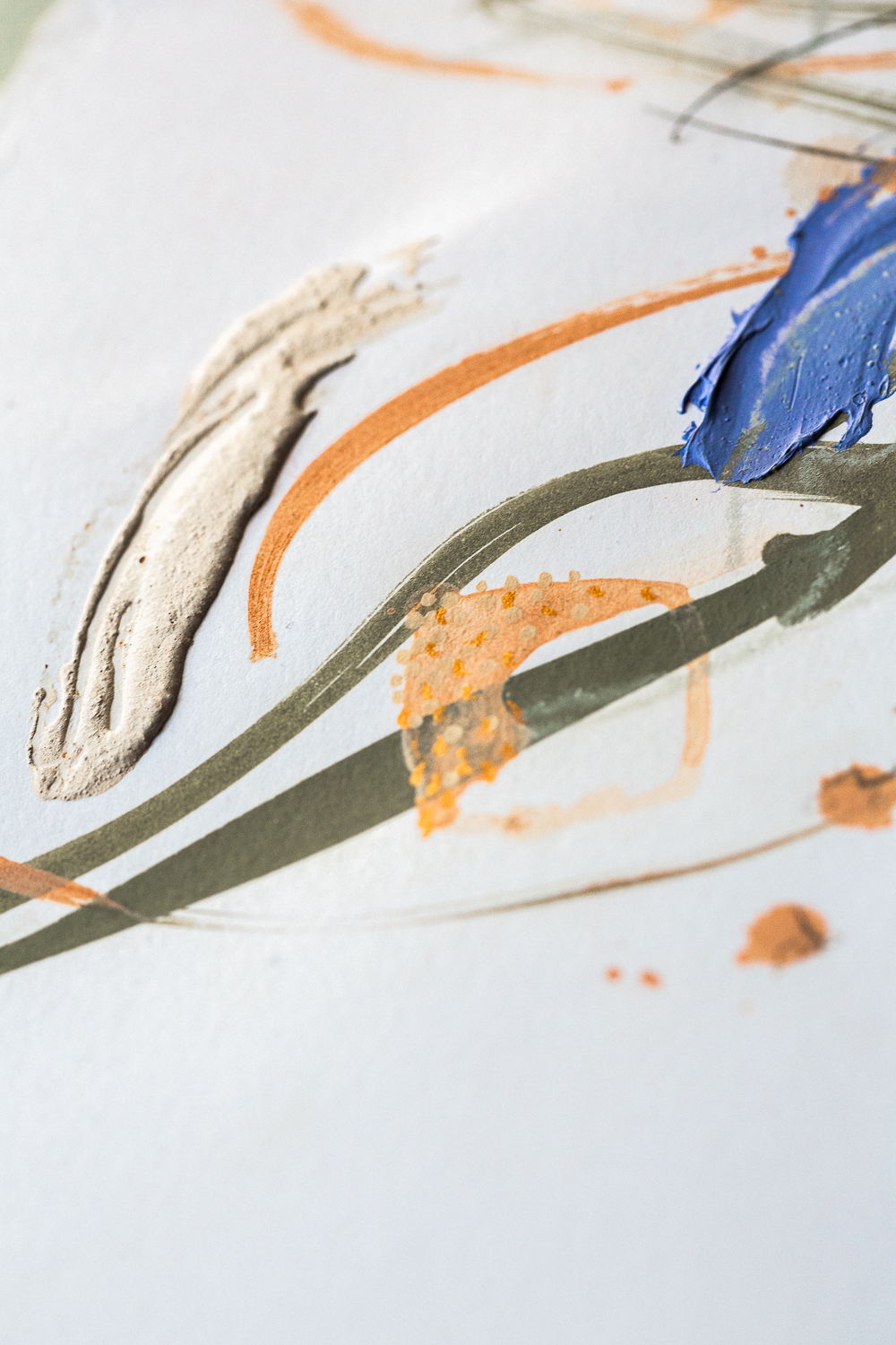 A detail shot of perseverance iii, an original abstract artwork by Rose Reichart. Shades of copper, mint, peach, sage, beige, gray and light purple ultramarine are present in the piece. The photo shows the structure of lush paint strokes, built with a palette knife. Rose Reichart is an intuitive painter and a multi-passionate creatrix.