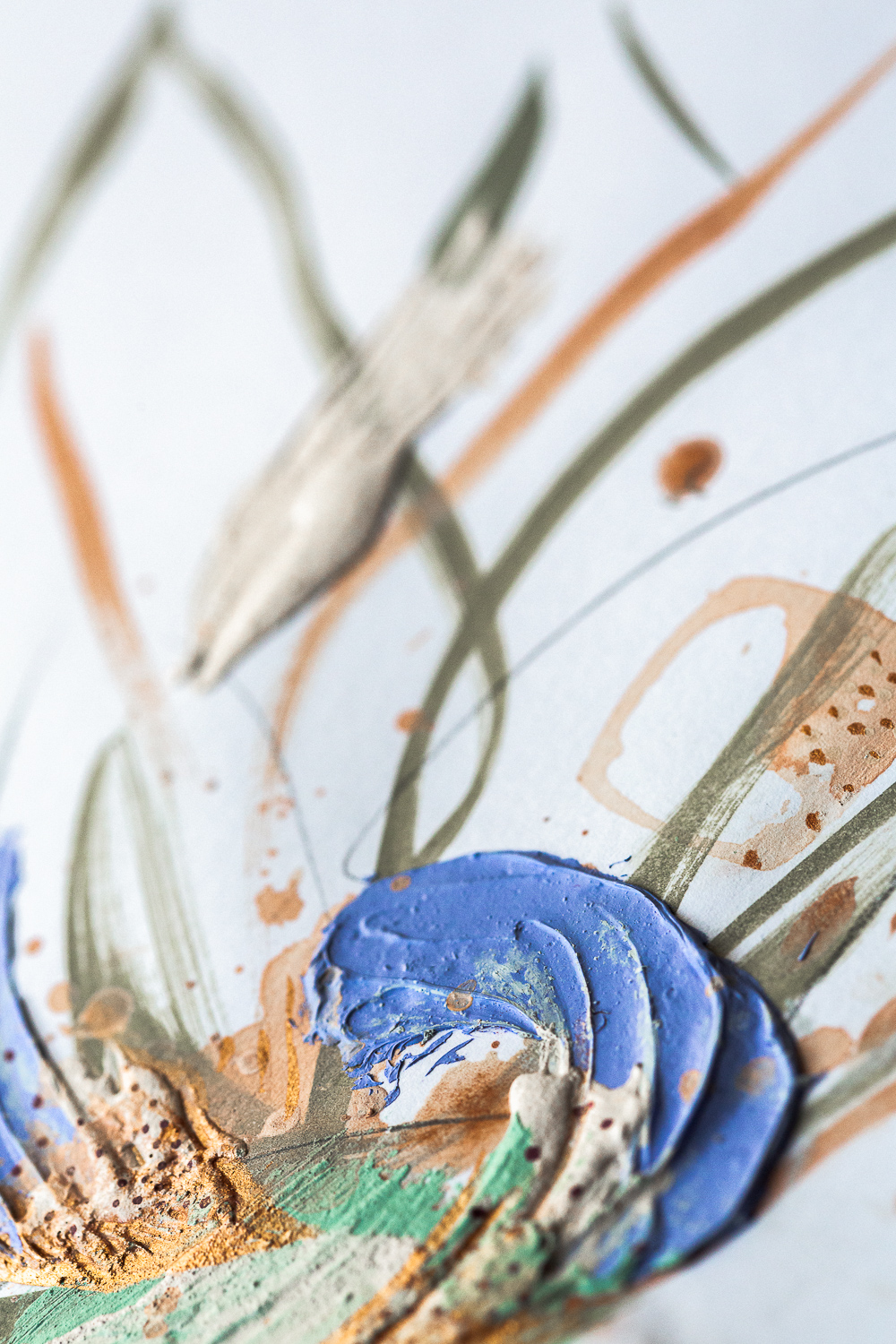 A detail shot of solidarity ii, an original abstract artwork by Rose Reichart. Shades of copper, mint, peach, sage, beige, gray and light purple ultramarine are present in the piece. The photo shows the structure of lush paint strokes, built with a palette knife. Rose Reichart is an intuitive painter and a multi-passionate creatrix.