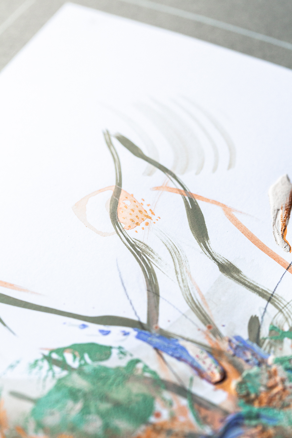 A detail shot of solidarity iii, an original abstract artwork by Rose Reichart. Shades of copper, mint, peach, sage, beige, gray and light purple ultramarine are present in the piece. The photo shows the structure of lush paint strokes, built with a palette knife. Rose Reichart is an intuitive painter and a multi-passionate creatrix.